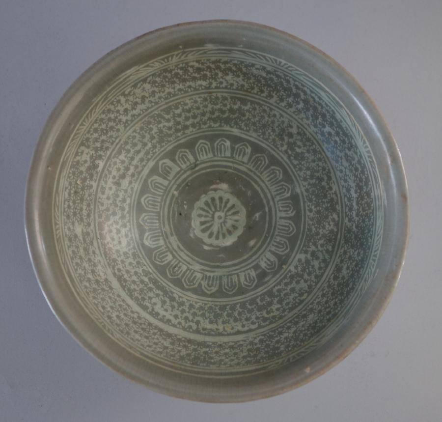 Fine Antique Korean Punchong Bowl: A fine antique Korean Punchong bowl. Celadon ground with white slip inlay. Overall repeating geometric pattern. The bowl measures 6.5" in diameter, 2-7/8" high.