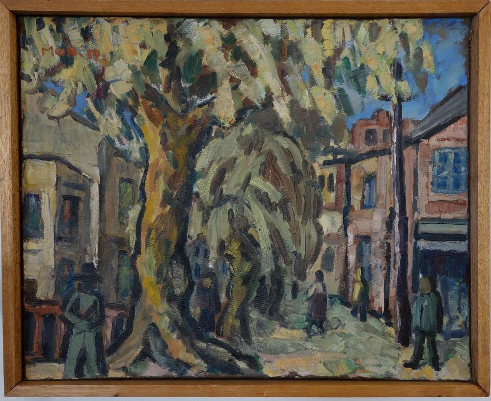 Moon Shin (1923-1995) Korean Oil Painting: Framed oil on canvas by South Korean artist and sculptor Moon Shin (1923-1995). The abstract painting depicts a city street scene with people milling about. Signed and dated 59 (1959) top left corner.