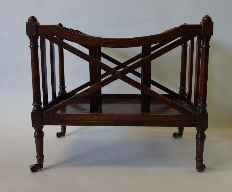 Regency Style Mahogany Canterbury: A Regency-style mahogany canterbury, magazine rack / sheet music rack. c.1920s. Made by Fine Arts Furniture Company, Grand Rapids, Michigan. On castors measuring 17.5" high, 19.25" wide and 12.25" dee