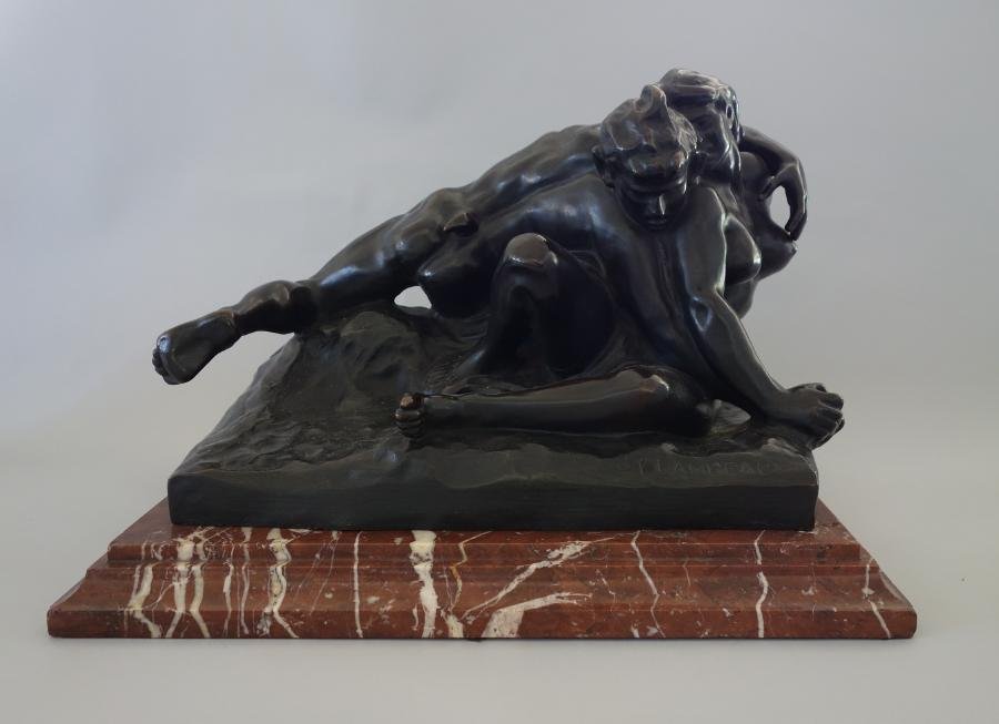 Jef Lambeaux (1852-1908) Bronze, Satyr & Nymph: Bronze Satyr and Nymph Baccanale by Joseph Maria Thomas Lambeaux (1852-1908-Belgian) primarily known as Jef Lambeaux. c.1900. The bronze depicts a nude male satyr in a bacchanale / orgiastic encounter