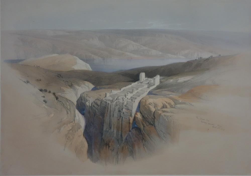 David Roberts (1796-1864) Dead Sea: Hand-colored lithograph from a painting by David Roberts (Scottish, 1796-1864). Titled "The Dead Sea Looking Towards Moab". Dated April 4th 1839. The image measures 9.25" x 13.25". Mounted on card and