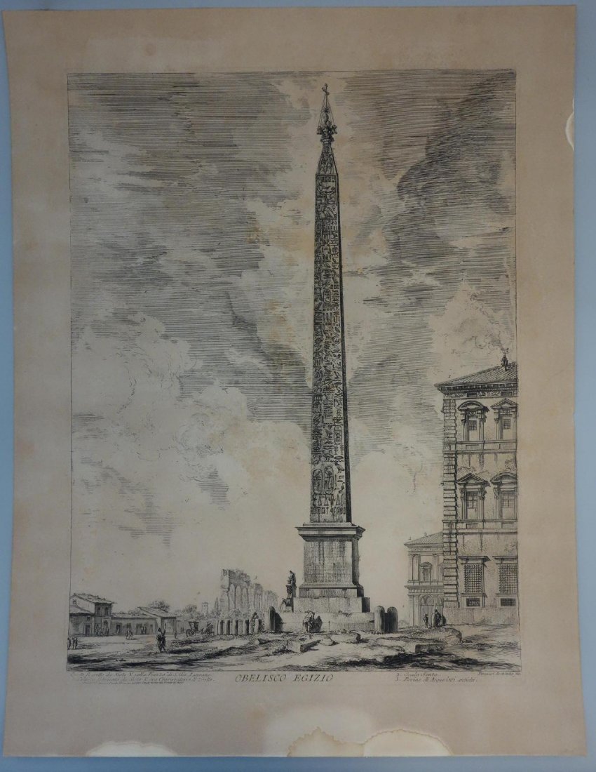 Giovanni Battista Piranesi, Obelisco Egizio: Framed engraving by Giovanni Battista Piranesi (1720-1778). Titled "Obelisco Egizio". Measures 25.75" x 19-5/8". Framed measurement 27" x 21". NOTE: some water damage at the margins.