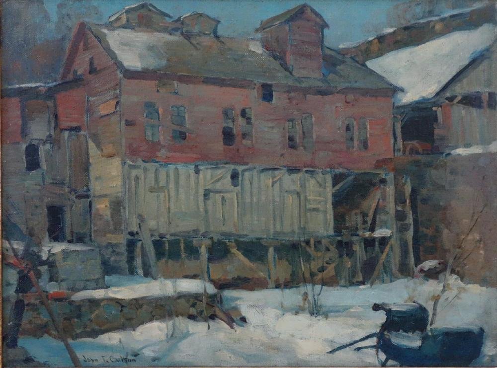 John Fabian Carlson (1874-1945) Vose Galleries: Framed oil on board by John Fabian Carlson (1874-1945). The painting is signed lower left, and is titled "The Derelict", Vose Galleries of Boston label on the verso. Measures 12" x 16". Framed measure