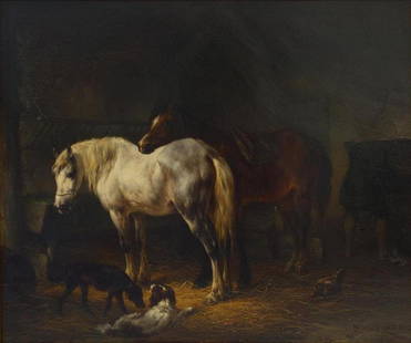 Wouterus Verschuur I (1812-1874) Horse Stable: Framed oil on panel by Wouterus Verschuur (1812-1874, Holland). The painting depicts two horses in a stable setting, two dogs play beneath. Signed by the artist and dated 52 (1852), lower right. Measu