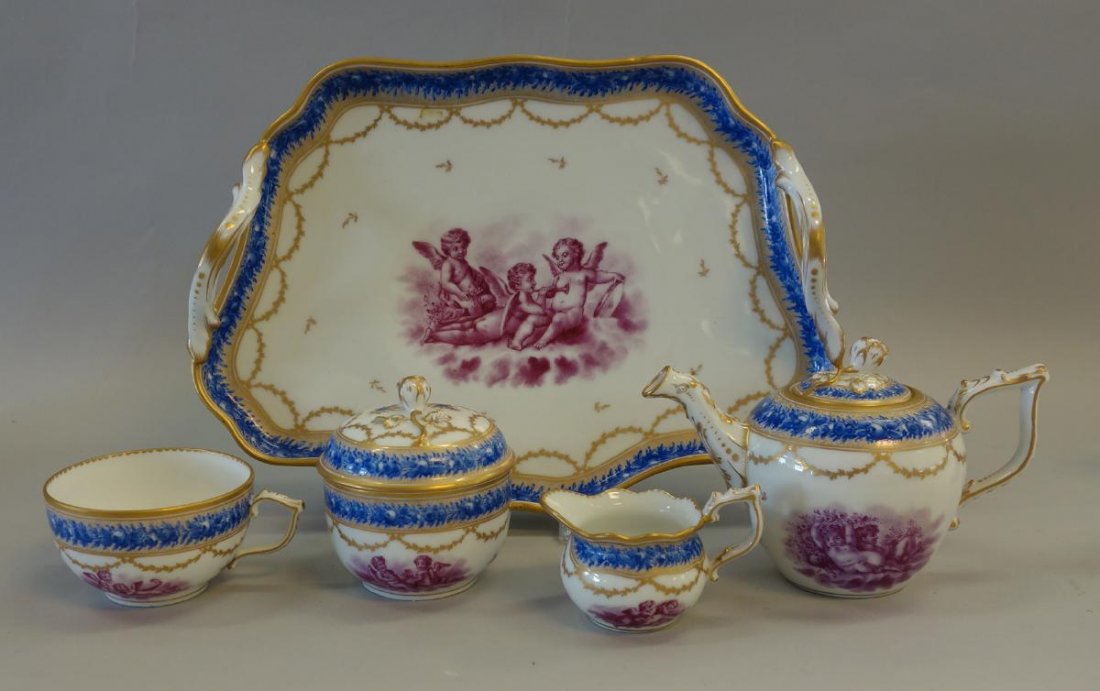 18thc Nyon Porcelain Solitaire, Tea Service: A five piece porcelain solitaire tea service, by Nyon, Switzerland. c. Late 18th / early 19th century. The Swiss set is comprised of a handled tray, teapot, covered sugar bowl, cream pitcher and handl