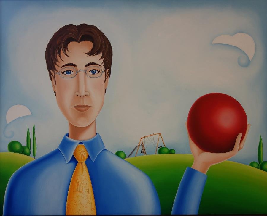 Scott Ward, Acrylic on Canvas, Portrait Landscape: Framed acrylic on canvas by Seattle artist Scott Ward. The vibrant painting depicts a portrait of a young man within a landscape playground setting. Artist signed and dated 2000 (at inside corner of t