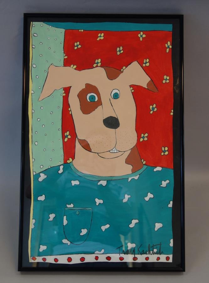 Tracy Kachtick-Anders "Dog Portrait": Framed acrylic on paper by New York artist Tracy Kachtick - Anders (former owner of The Crazy Daisy in Seattle and ex girlfriend to Rosie O'Donnell ). The painting is signed lower right and measures 2