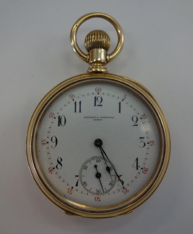 Vacheron & Constantin Pocket Watch, Pat. 1884: A pocket watch by Vacheron & Constantin, Geneva. Pat. Jan 8th, 1884. Jewel adjusted, serial number 27442. White enamel dial, gilt sterling case. The case stamped with the English standard, lion passan