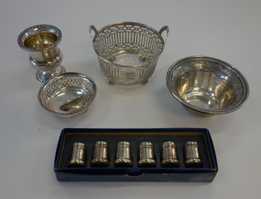 3 Sterling Bowls & Toothpick Holder + Salts: Sterling table articles. Comprised of a bowl by International in the Persian pattern, 4.5" dia, 2-1/8" high, a nut dish by Gorham, 3.25 dia, 1.25" high, a sterling basket with etched glass bowl, 4.5"