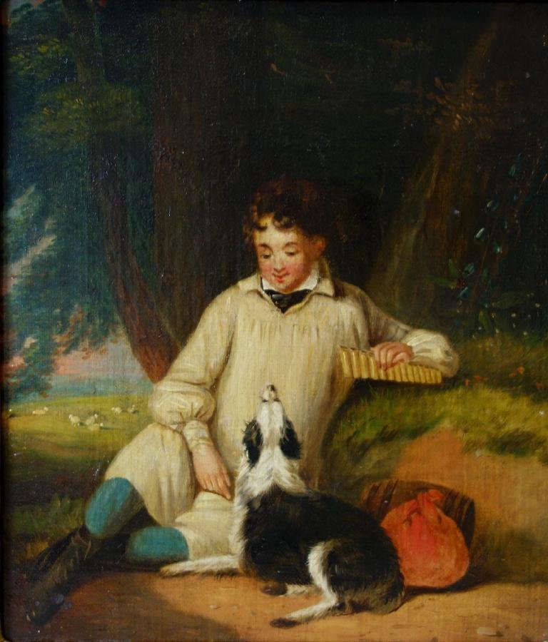 19thc British School Young Man with Dog: Framed oil on canvas. 19th century British School. The painting depicts a young man sitting in a landscape setting playing a wind instrument, his dog attentive at his feet. Appears unsigned. Measures