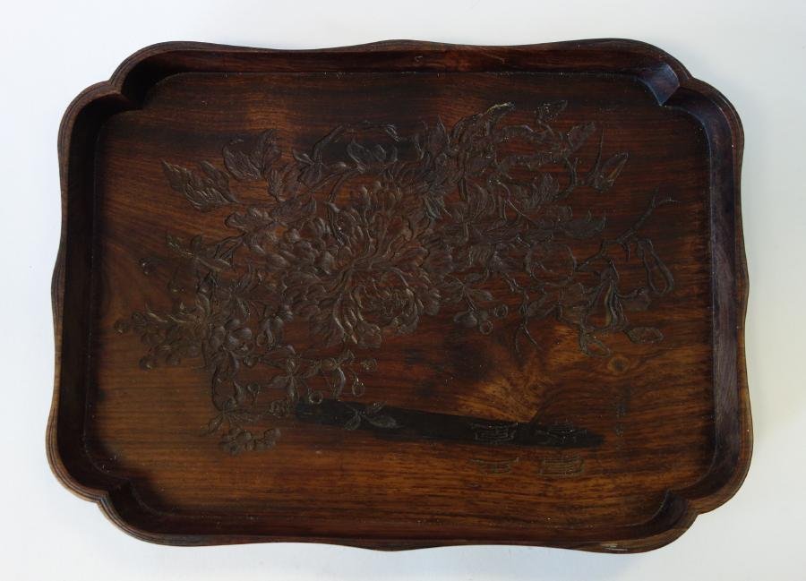 Japanese Carved Wood Tray, Meiji Period, Signed