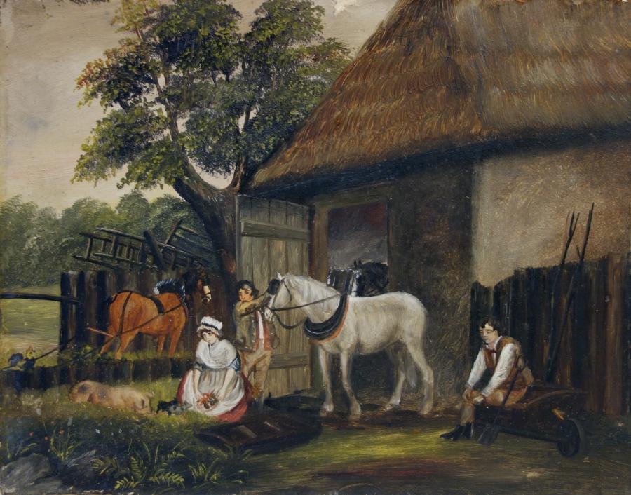 19thc Farmyard Landscape: Framed oil on board. 19thc Century, United Kingdom. The painting depicts a farm yard scene with male stable hands grooming a horse, while a young woman tends to a pig and piglets. Unsigned. Measures 9