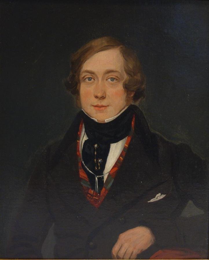 19thc Portrait of a Scottish Gentleman: Framed oil on canvas. 19th Century. The painting depicts a handsome Scottish gentleman elegantly attired in a black coat wearing a Scottish tartan vest. Unsigned. Measures 13-1/8" x 11-3/8". Framed me