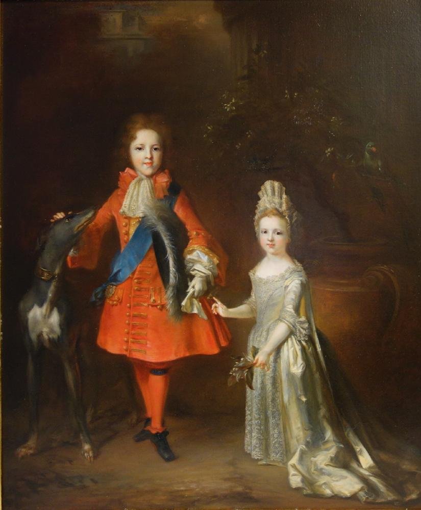 18thc Continental Portrait, Nobleman & Young Lady: Framed oil on board. Late 18th / early 19th century. The painting depicts a young Nobleman dressed in a silk coat petting his hound dog. A young girl dressed in a silk and lace gown stands beside him,