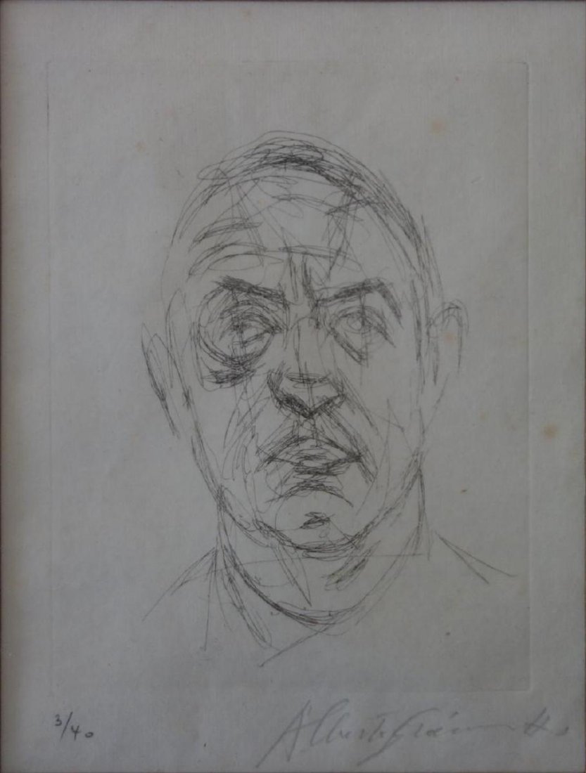 Alberto Giacometti (1901-1966) Head of Izaro: Alberto Giacometti (1901-1966) etching. Titled "Head of Izaro" Pencil signed by the artist, lower right and numbered 3/40. Sight measurement 6-5/8" x 5". Framed and matted measurement 12.5" x 11".