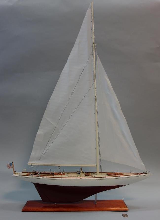 Ship Model, Weatherly Yacht, America's Cup 1962: Assembled ship model of the yacht Weatherly, Newport. Launched in 1958 and won the America's Cup 1962. The well detailed model on stand measures 38" high, 26" wide, 5" deep.