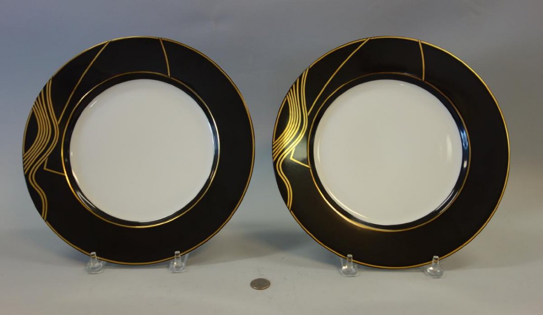 Swid Powell Stream Pattern Plates, Arata Isozaki: A pair of porcelain 12" diameter buffet plates designed by architect Arata Isozaki for Swid Powell. "Stream" pattern. Made between 1984 and 1991, the second most expensive 12" buffet plate produced by