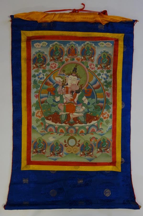 Tibetan Thangka Painting on Silk, Adi - Buddha: A Tibetan Thangka painting on silk. Represents Vajradhara / Adi - Buddha in union with his Wisdom Consort Vajravarahi Well painted and detailed measuring 25.25" x 17". Mounted on a brocade stitched em