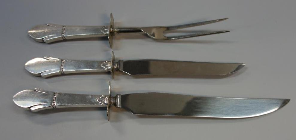 Danish Sterling Carving Set, 3 Piece: A 3 piece Danish / Scandinavian sterling silver carving set. Each piece stamped Sterling H'dle. Comprised of a carving fork and knife, 10.5" long and a larger carving knife, 12.5" long. Sterling handl