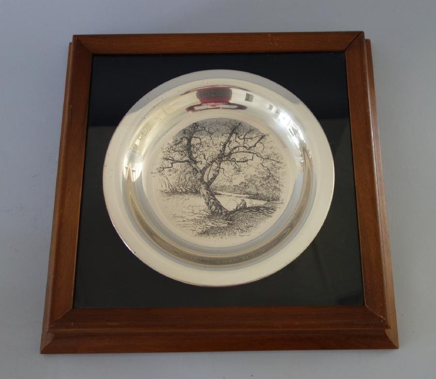 James Wyeth (1946) Solid Sterling Plate: An etched solid sterling plate / shallow bowl from a work by Jamie (James Browning) Wyeth titled "Along the Brandywine". The plate is dated 1972, measures 8" in diameter and weighs 6.74 troy oz. Comes