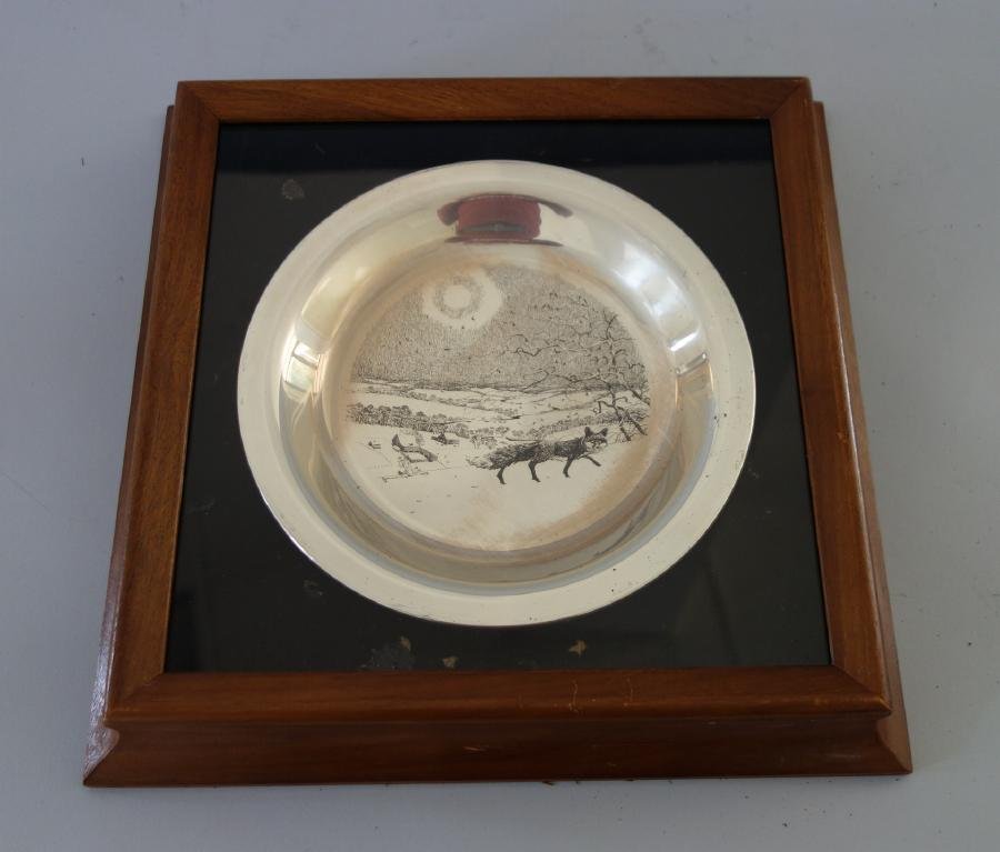 James Wyeth (1946) Solid Sterling Plate: An etched solid sterling plate / shallow bowl from a work by Jamie (James Browning) Wyeth titled "Winter Fox". The plate is dated 1973, measures 8" in diameter and weighs 6.18 troy oz. Comes with a pr