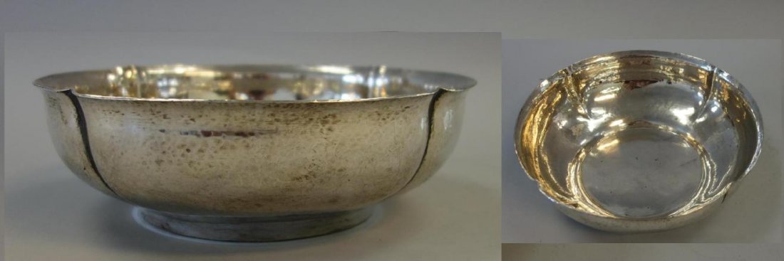 Arts & Crafts Sterling Bowl, The Randahl Shop: A sterling silver centerpiece bowl. By The Randahl Shop, an Arts & Crafts workshop, Park Ridge and Chicago, active 1912-1965. Lobed bowl, hand wrought and stamped with the early JOR Hammer mark. Measu