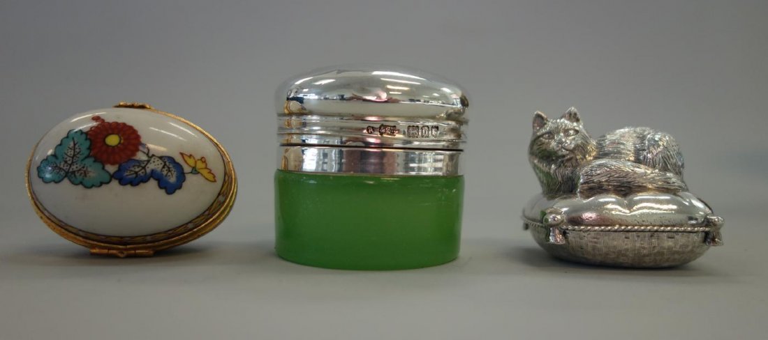 3 Miniature Boxes, Sterling, Limoges & Cat: A group of three miniature boxes, comprised of a green glass dresser jar with sterling collar and lid hallmarked for Andrew Barrett & Sons, London, 1897 (1.75" high). Together with an egg shaped porce