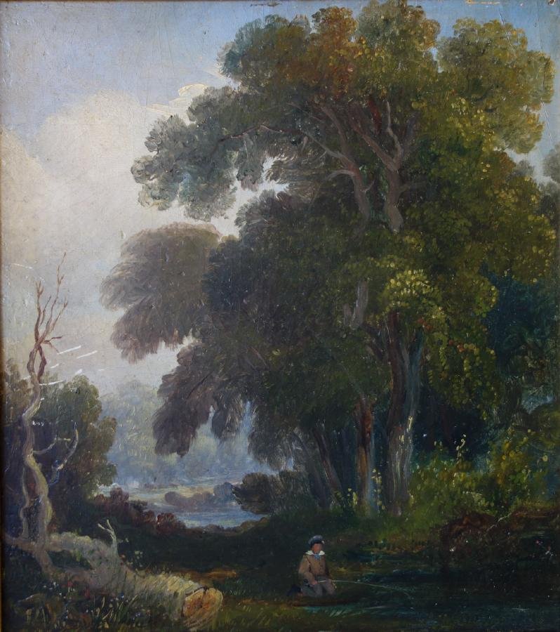 19thc English Landscape, "Gone Fishing": Framed oil on board. 19th century, United Kingdom. The painting depicts a young man fishing beside a river within a landscape setting. Unsigned. Measures 9.25" x 8.25". Framed measurement 12" x 10.75"