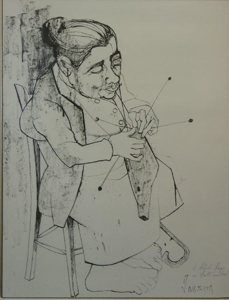 Jean Jansem Ink Drawing, Old Woman Knitting: A original ink drawing on paper by Jean Jansem (1920-2013, France / Armenia). The drawing depicts an older woman knitting. Sight measurement 20.25" x 19.25". Framed and matted measurement 37.5" x 30.5