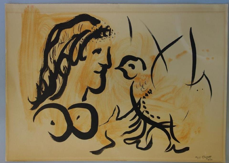 Marc Chagall (1887-1985) Lithograph, 1954: A lithograph by Marc Chagall. Signed and dated 1954 in the plate. Depicts a female holding a dove. Sheet measurement 13" x 18". Unframed.