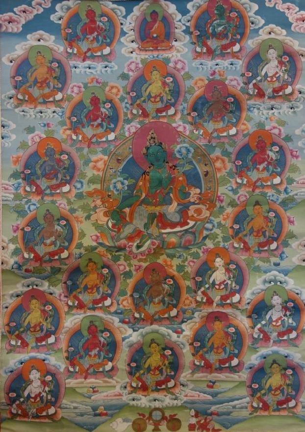 Tibetan Thangka Painting, Buddha & Consorts: A Tibetan Thangka painting on silk. Depicts Buddha surrounded by Deities and Consorts. Well painted and detailed, the painting measures 24" x 17.5". Mounted on a blue brocade stitched embroidered fabr