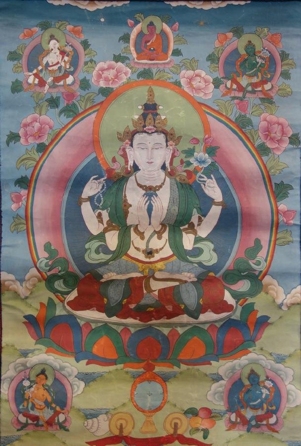 Tibetan Thangka Painting, Buddha & Consorts: A Tibetan Thangka painting on silk. Depicts Buddha resting on a lotus formed base surrounded by Deities and Consorts. Well painted and detailed, the painting measures 24" x 16.25". Mounted on a maroon