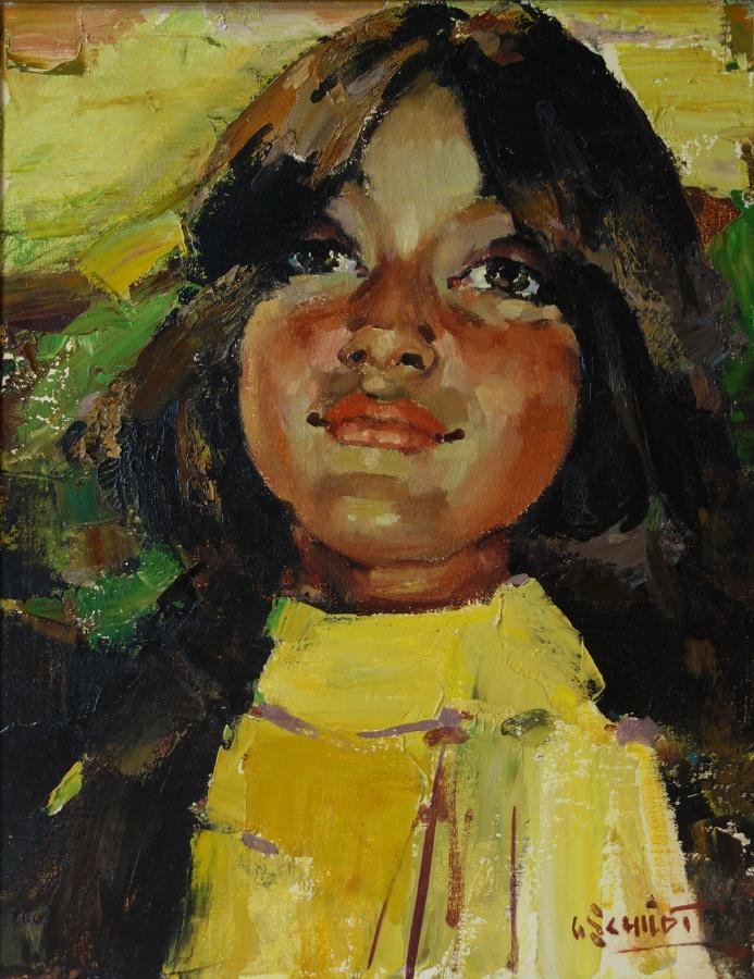 Gary Joseph Schildt (1938- Lone Bull): Framed oil on canvas by Gary Joseph (Lone Bull) Schildt. Untitled portrait painting of a Native American Indian girl. The canvas measures 18" x 14". Framed measurement 27" x 23". Signed lower right.