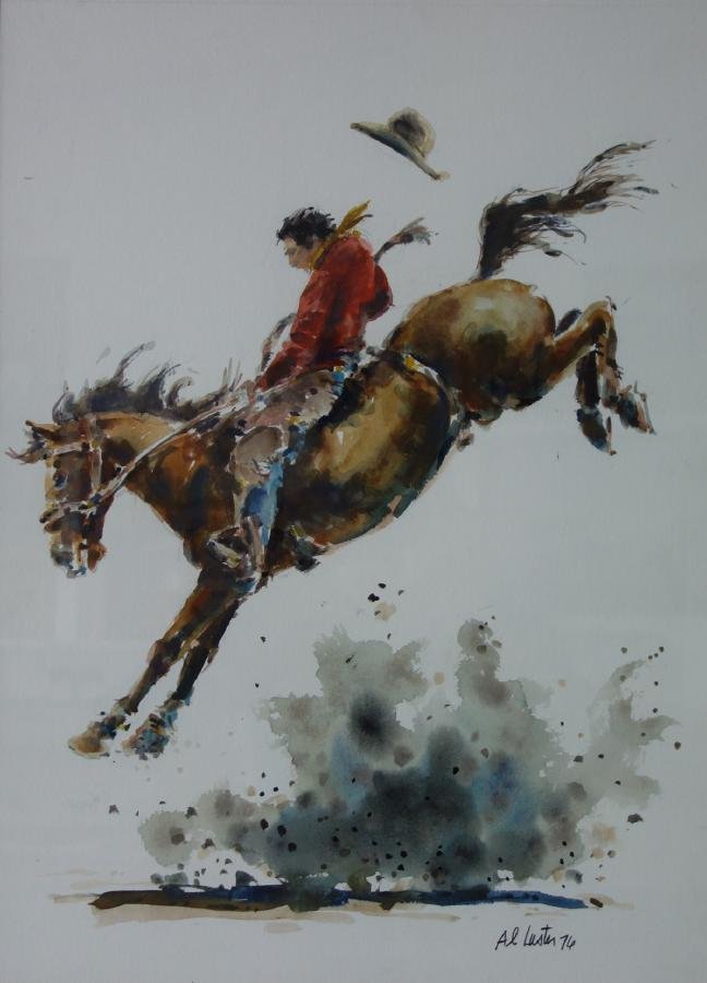 Al Luster, Watercolor, Bronco Buster: Framed watercolor on board by artist Al Luster "Bronco Buster". The image measures 19" x 13.75". Signed lower right and dated 76 (1976). Framed measurement, 25.25" x 20.25".