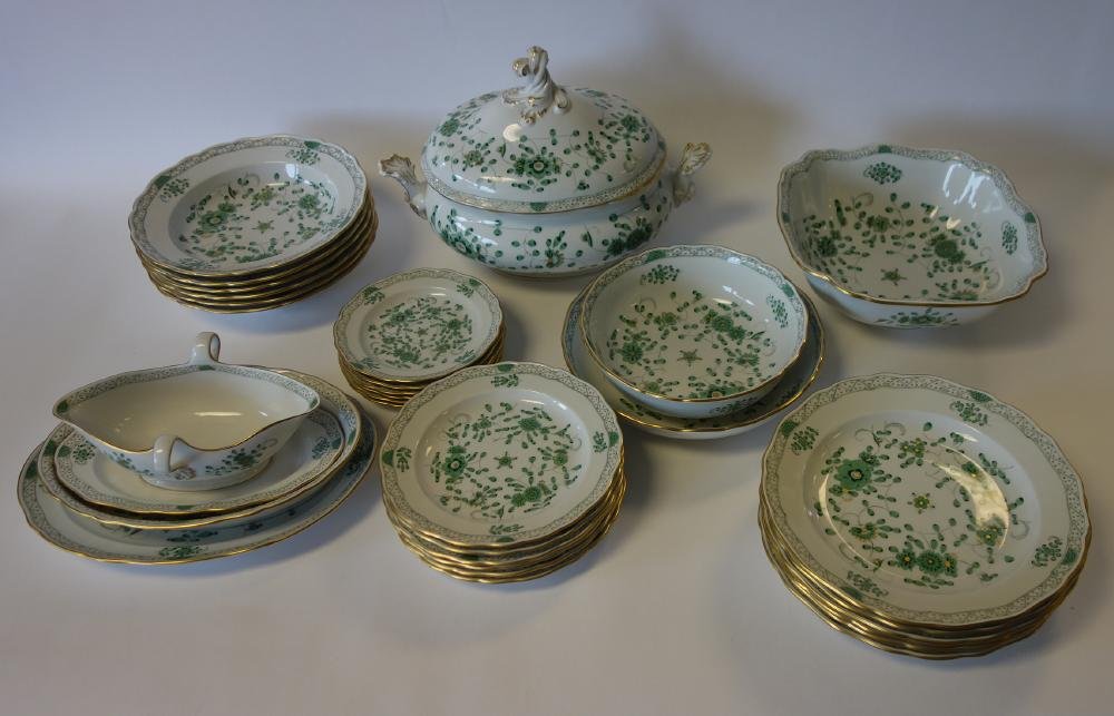 Meissen Oriental Flowers Dinner Service: A Meissen porcelain dinner set in the green Oriental Flower pattern. Comprised of 6 dinner plates (10" dia.), 6 shallow soup bowls, 6 salad / dessert plates and 6 bread plates. SERVING PIECES: 1 large