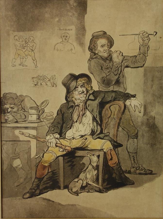 Thomas Rowlandson, Antique Print, Blackguards: Framed antique print after a painting by Thomas Rowlandson (1756-1827). Titled "A Brace of Blackguards". Depicts three men, their dog in a pub, with drawings of fighters / boxers on the wall. The prin