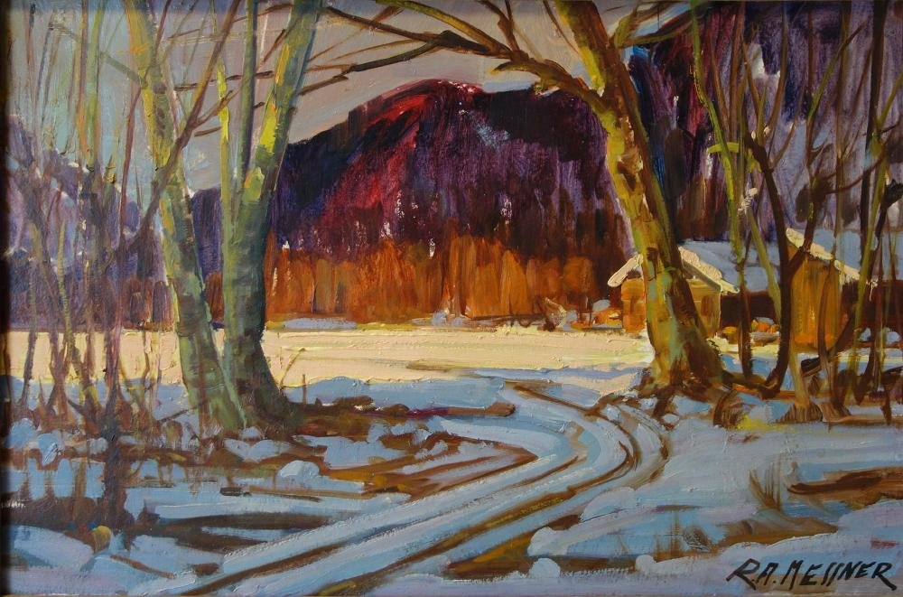 Rudolph Anton Messner, Canadian Landscape: Framed oil on masonite by Canadain artist Rudolph Anton Messner (R.A. Messner 1912-1997 Canada). The painting depicts outbuildings within a snowy wooded landscape. Signed lower right. Measures 15.75" 