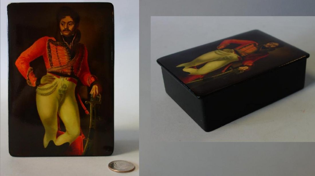 Russian Lacquer Box, Fedoskino School: A Russian painted lacquer box. Fedoskino School. The lid depicts a Russian Czar or General. Artist signed Boakore?. Excellent luminescence. Measures 4.25" x 6-1/8" x 2" high.