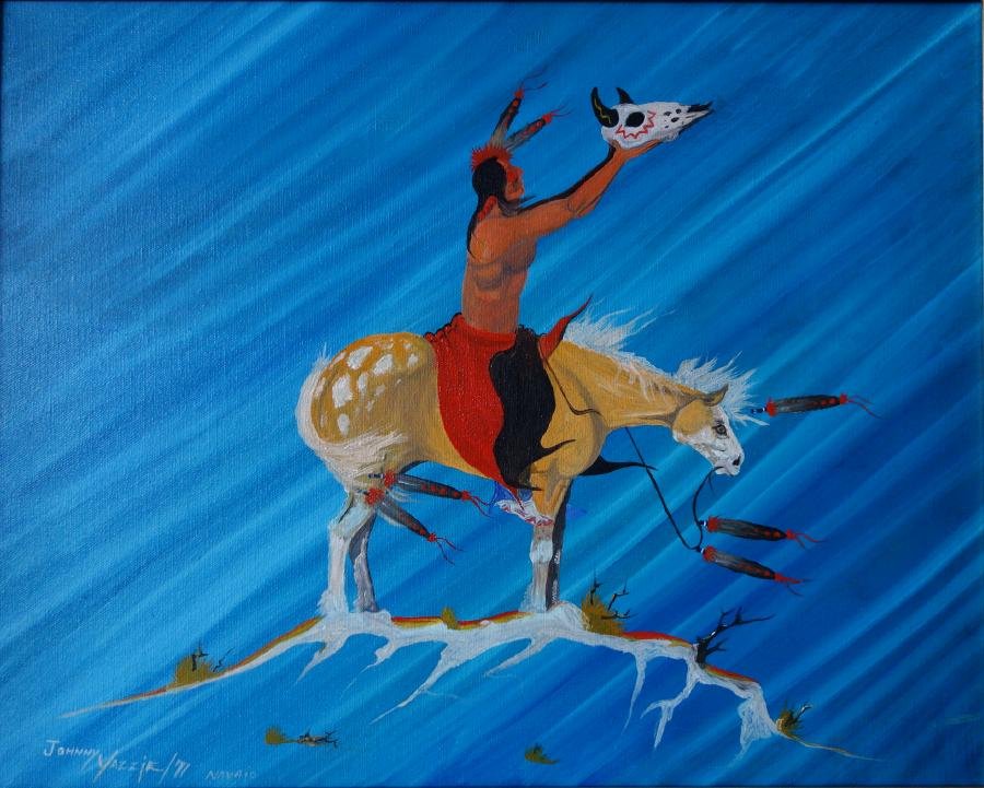 Johnny Yazzie, Navajo (1945-) Praying For Buffalo: Framed oil on canvas by Navajo artist Johnny Yazzie (1945-). The painting is titled on the back "Parying for Bufflou" Measures 15.5" x 19.5". Framed measurement 19.25" x 23.25".