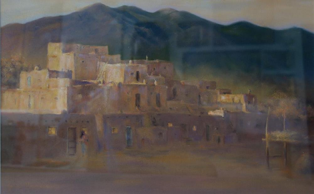 John Flores, (20thc) Taos Pueblo Village: Framed pastel on paper by listed artist John Flores. The painting depicts a Taos Pueblo village. Signed and dated 54, (1954). The image measures 11-3/8" x 18". Framed, matted and glazed measurement 18