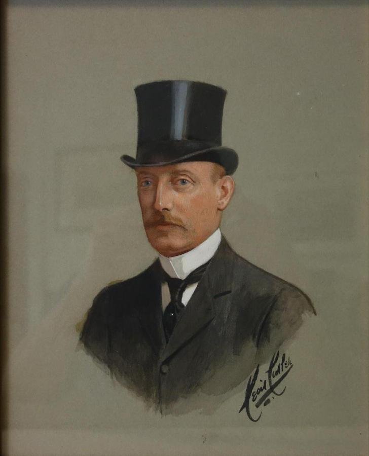 Cecil Cutler (-1934) Portrait of a Gentleman: Framed watercolor and pastel on paper by Cecil Cutler (active 1886 - 1934, United Kingdom). The portrait painting depicts a young gentleman formally dressed and in a top hat. Signed lower right. Measu