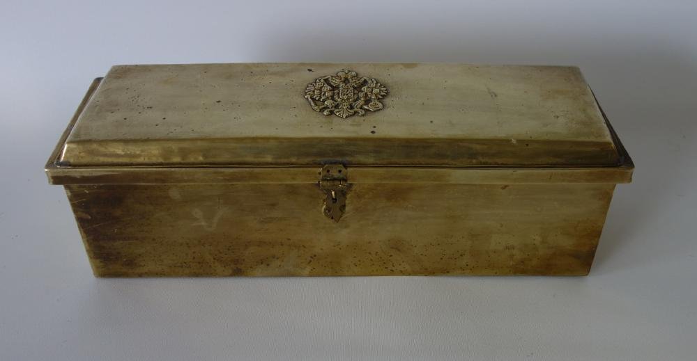 Russian Brass Document Box, Russia Coat of Arms: A Russian brass document box. The lid with the Coat of Arms of Russia. Measures 14.5" wide, 4-5/8" deep, 4.75" high. With lock (no key).