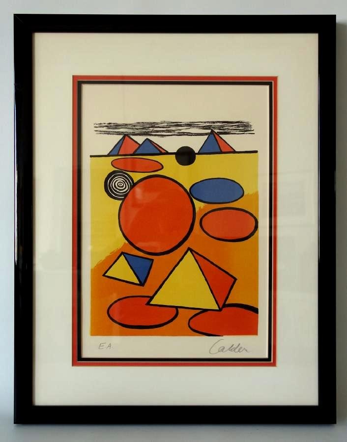 Alexander Calder, La Petite Pyramids, Artist Proof: Alexander Calder (American, 1898-1976), La Petite Pyramids, lithograph in colors, pencil signed lower right, edition E. A. (Artist Proof). Sight measurement 15" x 10.5" Framed, matted and glazed measu