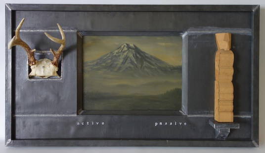 Robert McCauley, (1946-) Mt Shasta / Mt St Helens: Framed mixed media by Pacific Northwest artist and sculptor Robert McCauley (b1946-Mt. Vernon, Washington). Titled "Active Passive" The assembled sculpture includes an oil on canvas painting of Mt Sha