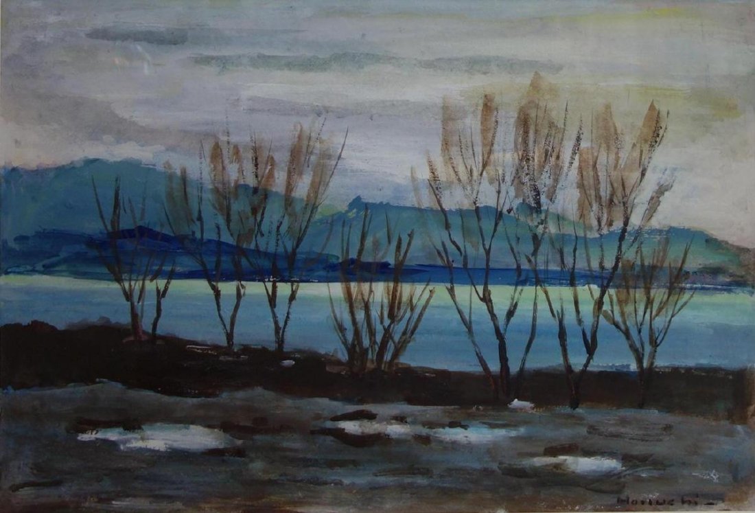 Paul Horiuchi (1906-1999) Winter Lakeside: Framed watercolor on paper by Pacific Northwest artist Paul Horiuchi (1906-1999). The colorful landscape painting is titled "Winter Lakeside" and dated 85 (1985). Signed lower right. Label written by 