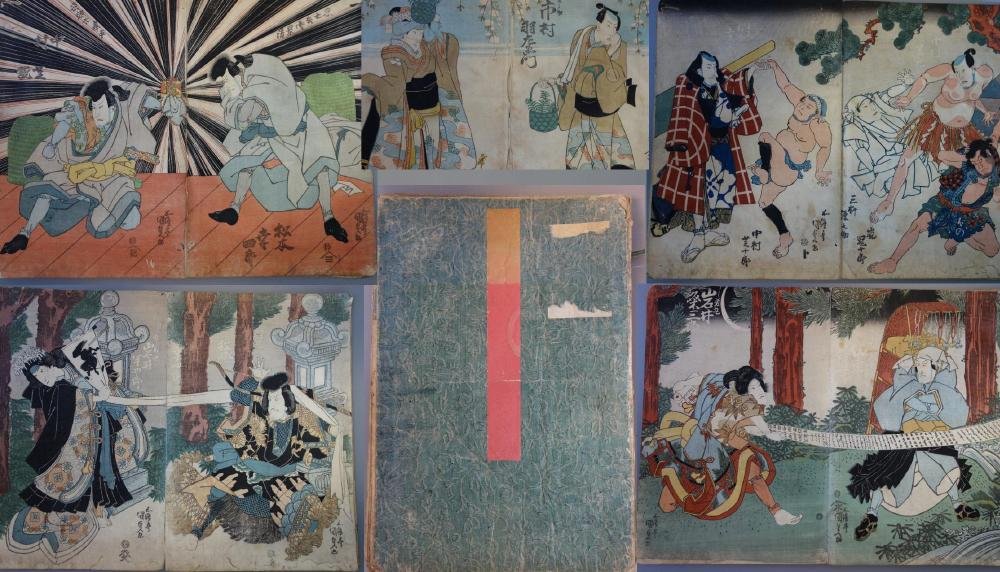 19thc Japanese Woodblock Ukiyo-e Album Book: A 19th century Japanese woodblock Ukiyo-e album book containing 68 sheets, some represented as singles, some as diptychs and some as triptychs. Artists include Kunisada, Toyokuni, etc. Vibrant colors.