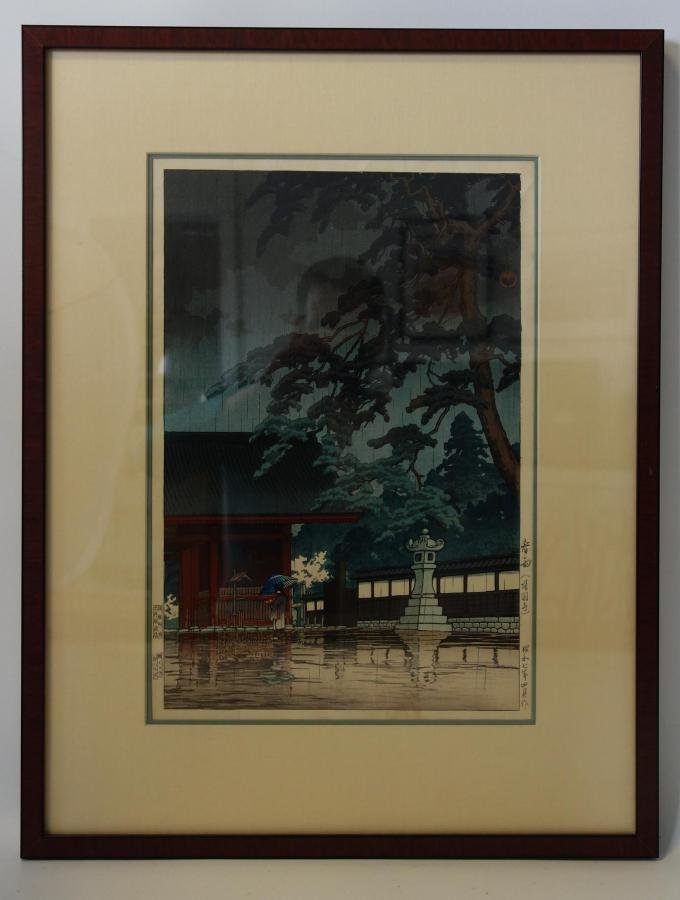 Kawase Hasui Woodblock, Spring Rain at Gokokuji: Jpanese woodblock print by Kawase Hasui (1883-1957). Title: Spring Rain at Gokokuji Temple, dated 1932, left margin with cartouches of the publisher Doi, carver Harada, and printer Yokoi. Sight measur