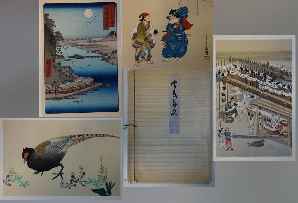 11 Japanese Woodblock Prints: A set of eleven Japanese woodblock prints, each with printed cover sheet providing the title, artist and a brief biography. Comprised: 1) A Beauty by Kitagawa, 2) Manzai by Miyagawa, 3) Washed Hair by