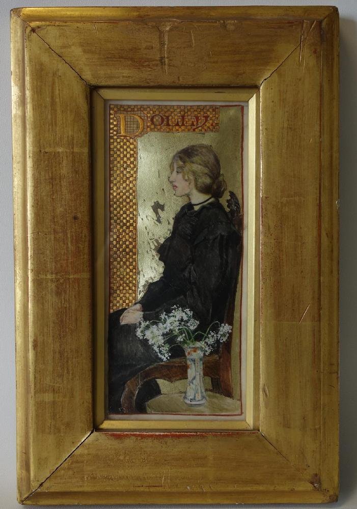 Jessie Bayes (1876-1970) Portrait, 1901, Illumination: Framed portrait; watercolor and gold leaf illumination on vellum by Jessie Bayes (1876-1970). The portrait painting is titled Dolly and depicts a lovely young woman seated in a chair. Gallery label at