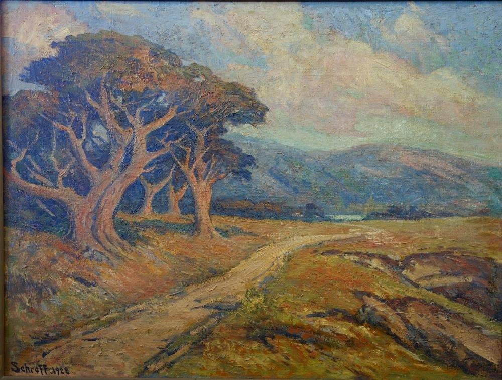 Alfred Hermann Schroff, Carmel Landscape, 1928: Framed oil on canvas by Alfred Hermann Schroff (1863-1939). Signed and dated 1928, lower left. The painting is identified on the verso as Carmel Landscape, California. Measures 30" x 40". Framed measu